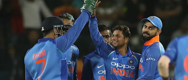 Kuldeep Yadav celebrates