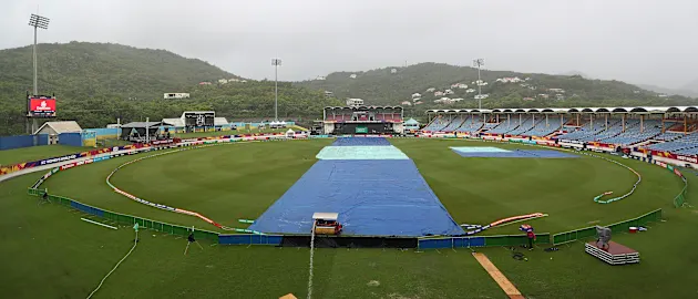 A general view of the Daren Sammy Cricket Ground during the ICC Women's World T20 2018 match between England and Sri Lanka at Darren Sammy Cricket Ground on November 10, 2018 in Gros Islet, Saint Lucia.
