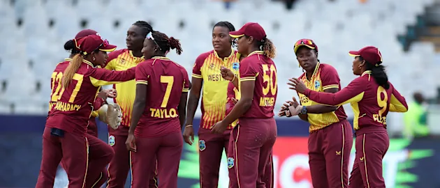 Hayley Matthews of West Indies celebrates the wicket of Jemimah Rodrigues of India during the ICC Women's T20 World Cup group B match between West Indies and India at Newlands Stadium on February 15, 2023 in Cape Town, South Africa.