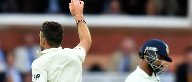 James Anderson celebrates after the dismissal of Ajinkya Rahane
