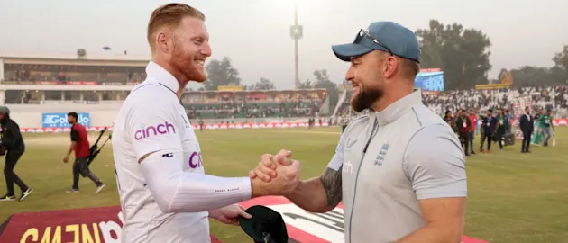 Ben Stokes and Brendon McCullum embrace after the win