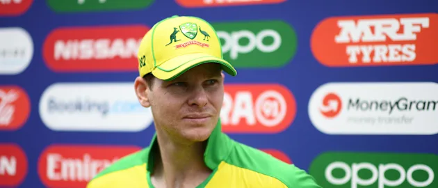 Steve Smith of Australia looks on as he is interviewed during the ICC Cricket World Cup 2019 Warm Up match between England and Australia at Ageas Bowl on May 25, 2019 in Southampton, England.
