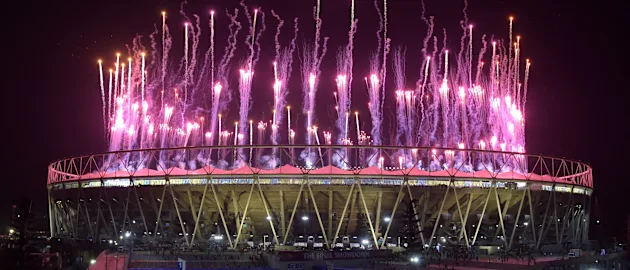 Fireworks explode over the Narendra Modi Stadium