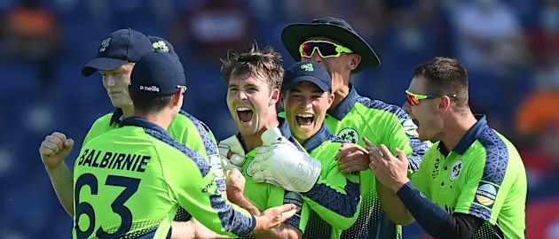 Curtis Campher of Ireland celebrates the wicket of Scott Edwards of Netherlands for their hat trick during the ICC Men's T20 World Cup match between Ireland and Netherlands 1920x1080