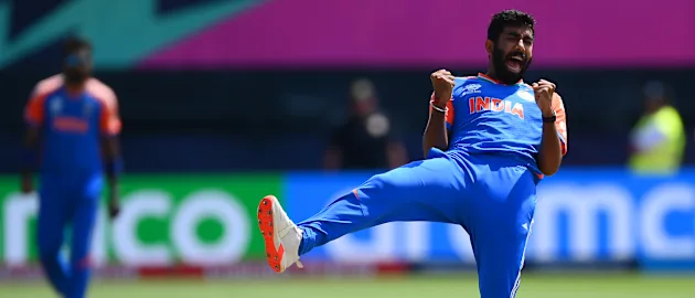 Jasprit Bumrah of India celebrates taking the wicket of Mohammad Rizwan of Pakistan during the ICC Men's T20 Cricket World Cup West Indies & USA 2024 match between India and Pakistan