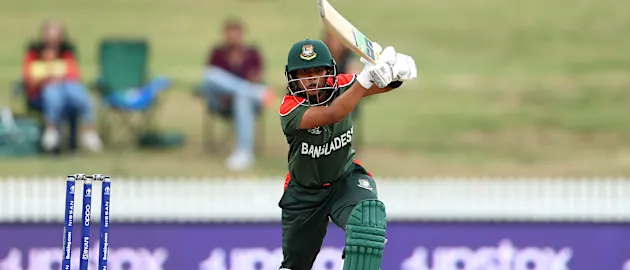 Sharmin Akter of Bangladesh bats during the 2022 ICC Women's Cricket World Cup match between India and Bangladesh at Seddon Park on March 22, 2022 in Hamilton, New Zealand.