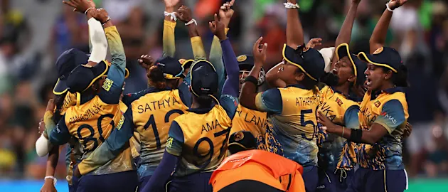 Players of Sri Lanka celebrate following the ICC Women's T20 World Cup group A match between South Africa and Sri Lanka at Newlands Stadium on February 10, 2023 in Cape Town, South Africa.