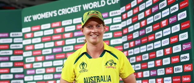 Meg Lanning of Australia holds the Player of the Match trophy during the 2022 ICC Women's Cricket World Cup match between India and Australia at Eden Park on March 19, 2022 in Auckland, New Zealand.