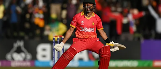 Sikandar Raza of Zimbabwe celebrates after hitting the winning runs during the ICC Men's Cricket World Cup Qualifier Zimbabwe 2023 match between Zimbabwe and the Netherlands at Harare Sports Club on June 20, 2023 in Harare, Zimbabwe.