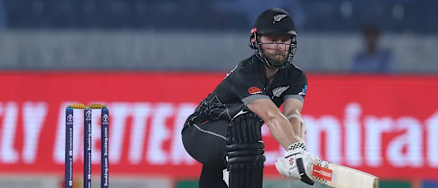 Kane Williamson of New Zealand plays a reverse sweep during the ICC Men's Cricket World Cup India 2023 warm up match between New Zealand and Pakistan at Rajiv Gandhi International Stadium on September 29, 2023 in Hyderabad, India.