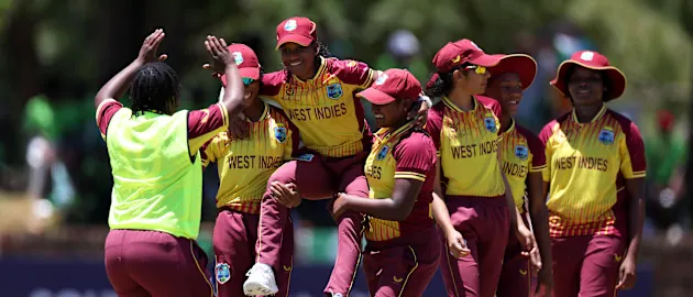 Zaida James of West Indies is carried from the pitch following the ICC Women's U19 T20 World Cup 2023 match between West Indies and Ireland at North-West University Oval on January 15, 2023 in Potchefstroom, South Africa.