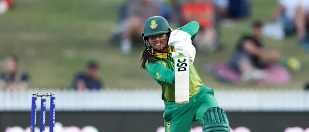 Sune Luus of South Africa bats during the 2022 ICC Women's Cricket World Cup match between New Zealand and South Africa at Seddon Park on March 17, 2022 in Hamilton, New Zealand.