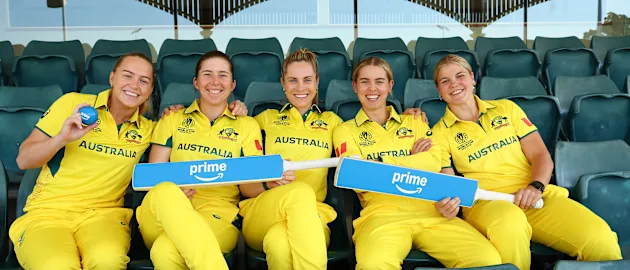 Kim Garth, Georgia Wareham, Sophie Molineux, Phoebe Litchfield and Georgia Voll pose for a photo during the Australia ICC Women's Cricket World Cup 2025 Squad Announcement