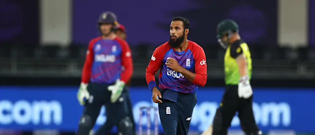 Adil Rashid of England looks on during the ICC Men's T20 World Cup match between Australia and England at Dubai International Stadium on October 30, 2021 in Dubai, United Arab Emirates.
