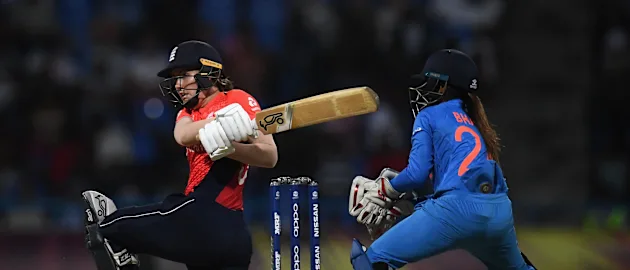 Natalie Sciver of England bats during the ICC Women's World T20 2018 Semi-Final match between England and India at Sir Viv Richards Cricket Ground on November 22, 2018 in Antigua, Antigua and Barbuda.