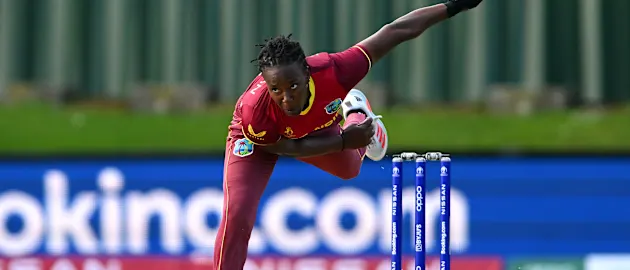 Shakera Selman of West Indies bowls during the 2022 ICC Women's Cricket World Cup match between West Indies and England at University Oval on March 09, 2022 in Dunedin, New Zealand.