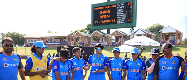 Shafali Verma of India speaks to their side in the huddle during the ICC Women's U19 T20 World Cup 2023 Super 6 match between India and Sri Lanka at JB Marks Oval on January 22, 2023 in Potchefstroom, South Africa.