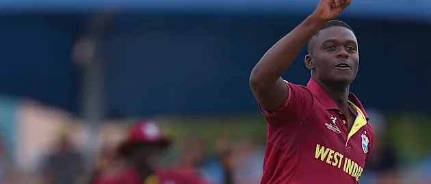 Jayden Seales of West Indies celebrates the wicket of Patrick Rowe of Australia during the ICC U19 Cricket World Cup Group B match between Australia and West Indies at De Beers Diamond Oval on January 18, 2020 in Kimberley, South Africa.
