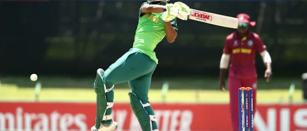 Levert Manje of South Africa bats during the ICC U19 Cricket World Super League Play-Off Semi-Final match between West Indies and South Africa at JB Marks Oval on February 01, 2020 in Potchefstroom, South Africa.