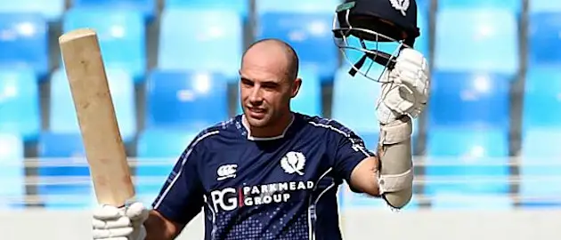 Kyle Coetzer, the Scotland captain, brings up his century against Kenya.