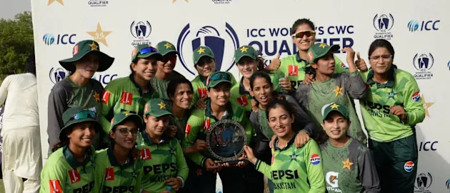 Pakistan team pose with ICC Women's World Cup Qualifier shield a