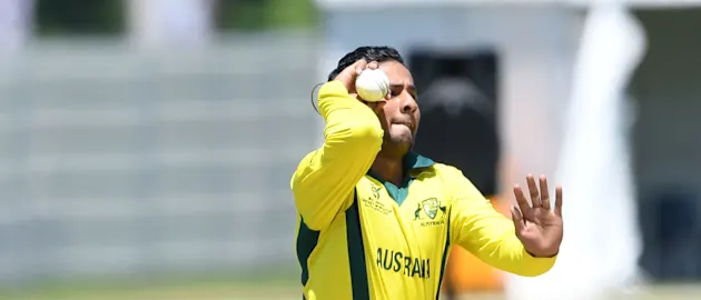 Tanveer Sangha of Australia during the ICC U19 Cricket World Cup Super League Play-Off Semi-Final match between Australia and Afghanistan at Absa Puk Oval on February 2, 2020 in Potchefstroom, South Africa.