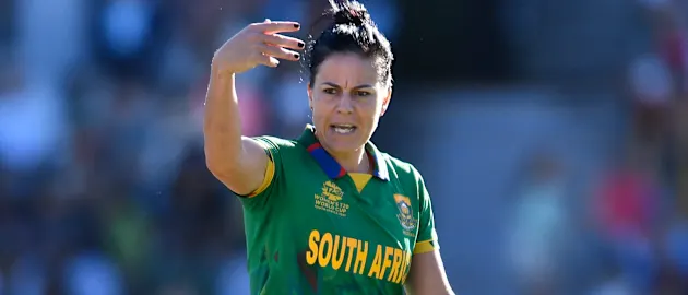 Marizanne Kapp of South Africa reacts during the ICC Women's T20 World Cup Semi Final match between England and South Africa at Newlands Stadium on February 24, 2023 in Cape Town, South Africa.