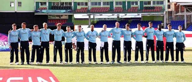 England team line up ahead of the ICC U19 Men's Cricket World Cup match between Bangladesh and England at Warner Park Sporting Complex on January 16, 2022 in Basseterre, Saint Kitts and Nevis.