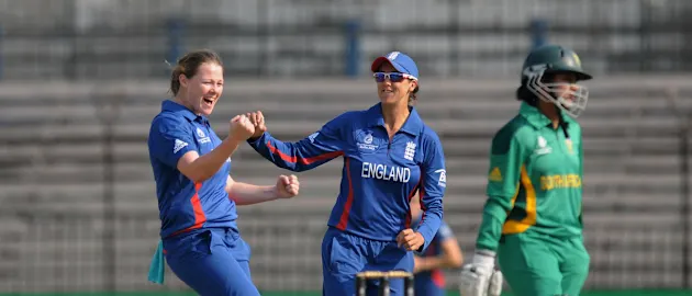 Anya Shrubsole of England celebrates the wicket of Yolandi Potgieter