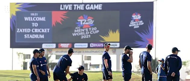The Netherlands team look at the pitch prior to the ICC Men's T20 World Cup at Zayed Cricket Stadium on October 17, 2021 in Abu Dhabi, United Arab Emirates.