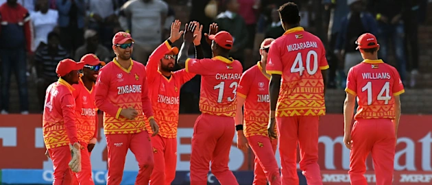 Sikandar Raza of Zimbabwe celebrates the wicket of Kashyap Prajapati of Oman during the ICC Men's Cricket World Cup Qualifier Zimbabwe 2023 Super 6 match between Zimbabwe and Oman at Queen’s Sports Club on June 29, 2023 in Bulawayo, Zimbabwe.