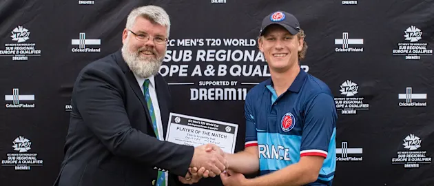 Gustav McKeon presented his Player of the Match trophy in Finland.