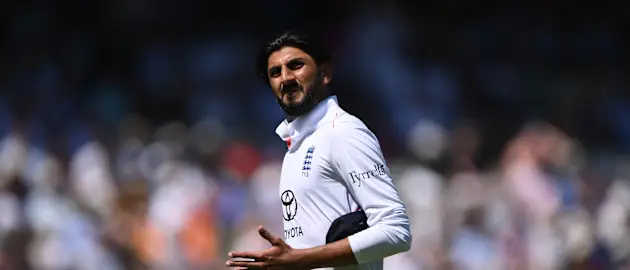 Shoaib Bashir walks off after an injury at Lord's
