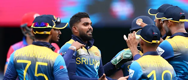 Wanindu Hasaranga of Sri Lanka celebrates after taking the wicket of Usman Ghani of Afghanistan during the ICC Men's T20 World Cup match between Afghanistan and Sri Lanka