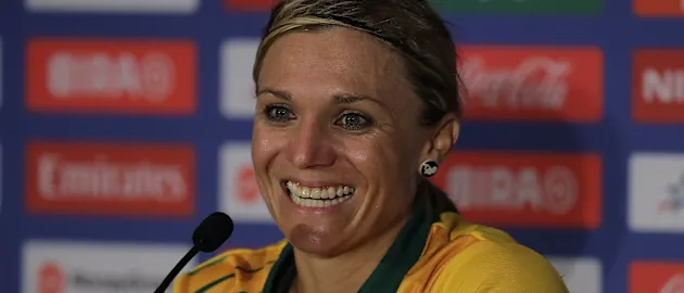 Mignon Du Preez of South Africa speaks at a press conference after winning the ICC Women's T20 Cricket World Cup match between England and South Africa at WACA on February 23, 2020 in Perth, Australia.