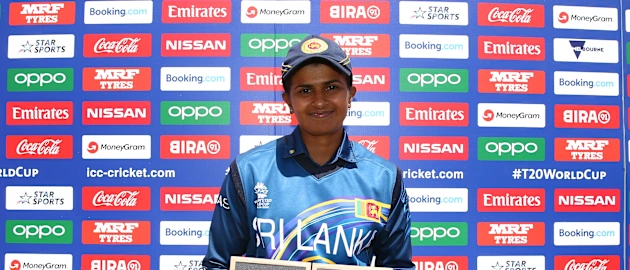 Shashikala Siriwardena is awarded the player of the match after the ICC Women's T20 Cricket World Cup match between Sri Lanka and Bangladesh at Junction Oval on March 02, 2020 in Melbourne, Australia.