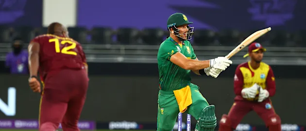 Aiden Markram of South Africa plays a shot during the ICC Men's T20 World Cup match between South Africa and West Indies at Dubai International Stadium on October 26, 2021 in Dubai, United Arab Emirates.