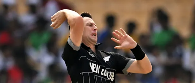 Matt Henry of New Zealand in bowling action during the ICC Men's Cricket World Cup India 2023 between New Zealand and Bangladesh
