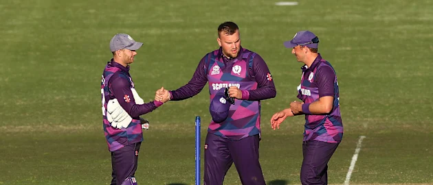 Team Scotland celebrates during the ICC 2022 Men's T20 World Cup Warm Up Match