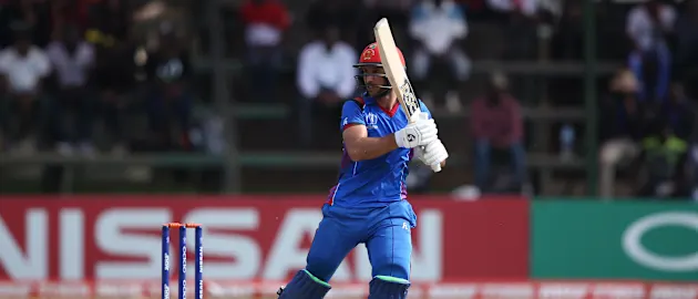 Rahmat Shah of Afghanistan scores runs during The ICC Cricket World Cup Qualifier between The West Indies and Afghanistan at The Harare Sports Club on March 15, 2018 in Harare, Zimbabwe (©ICC).