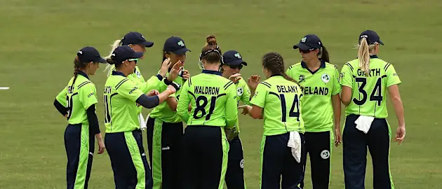 Laura Delany of Ireland celebrates a wicket during the ICC Women's World T20 2018 match between India and Ireland at Guyana National Stadium on November 15, 2018 in Providence, Guyana.