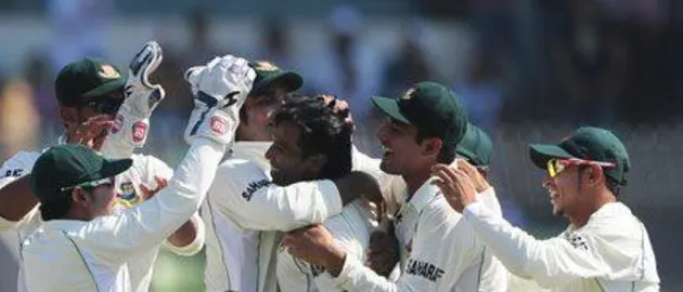 40130 Bangladesh celebrates the wicket of Chris Gayle on day four