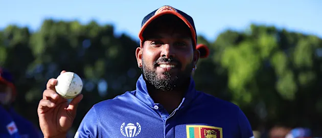 Wanindu Hasaranga of Sri Lanka poses for a photo after taking five wickets and winning the ICC Men's Cricket World Cup Qualifier Zimbabwe 2023 match between the Sri Lanka and Ireland