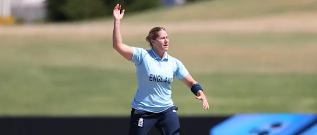 Katherine Brunt of England reacts after a delivery during the 2022 ICC Women's Cricket World Cup match between England and India at Bay Oval on March 16, 2022 in Tauranga, New Zealand.