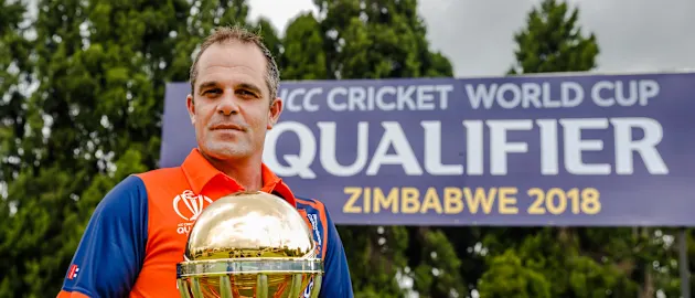Peter Borren Netherlands captain holds the ICC World Cup trophy at Harare Sports Club ahead of the ICC Cricket World Cup Qualifiers in Zimbabwe, 26 February 2018