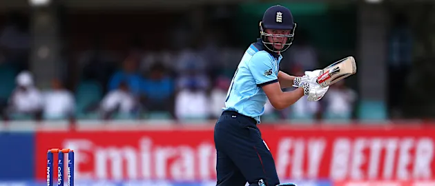 Samuel Young of England edges the ball towards the boundary during the ICC U19 Cricket World Cup Group B match between England and Nigeria at De Beers Diamond Oval on January 25, 2020 in Kimberley, South Africa.