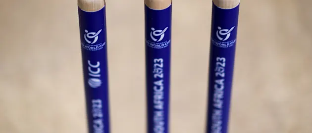 Detailed view of the match day stumps during the ICC Women's U19 T20 World Cup 2023 match between Sri Lanka and USA at Willowmoore Park B Field on January 14, 2023 in Benoni, South Africa.
