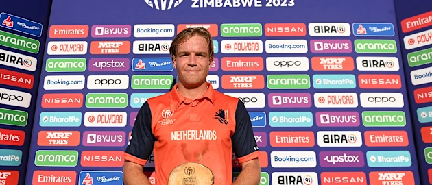 Bas de Leede of Netherlands poses after being named Player of the Match following the ICC Men's Cricket World Cup Qualifier Zimbabwe 2023 Super 6 match between Scotland and Netherlands at Queen’s Sports Club on July 06, 2023 in Bulawayo, Zimbabwe.