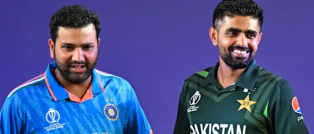 India's captain Rohit Sharma and his Pakistani counterpart Babar Azam attend the Captains' Day 