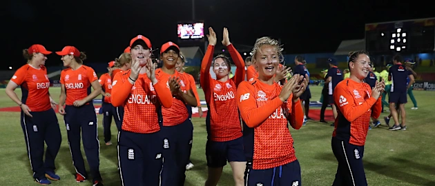 England players celebrate their win during the ICC Women's World T20 2018 match between England and South Africa at Darren Sammy Cricket Ground on November 16, 2018 in Gros Islet, Saint Lucia.